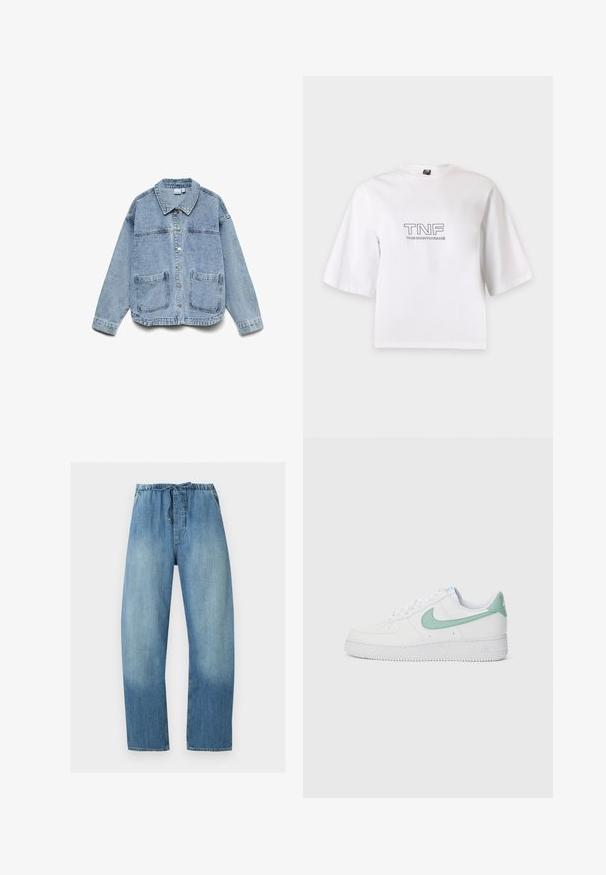 Lyseblå denimjakke med lange ærmer, knaplukning foran, krave og to forlommer.; Hvid T-shirt med korte ærmer med TNF og The North Face-logo trykt sort midt på fronten.; Lyseblå denim bukser med elastisk talje og snøre, med lige ben og falmet skygge på forreste lår.; Hvide lædersneakers med en mintgrøn Nike swoosh og hæltab, tekstureret ydersål og klassisk snørebåndsdesign.
