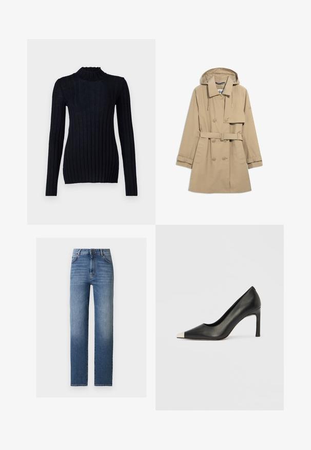 Manteau trench beige avec des boutons croisés, taille ceinturée, straps de manches ajustables et capuche avec cordons.; Pull à col roulé côtelé marine avec des manches longues, présentant une silhouette ajustée et un détail de tissu texturé.; Jean bleu moyen taille haute à jambes droites avec bouton frontal, fermeture éclair, et poches avant et arrière sur un fond blanc.; Chaussure à talon haut en cuir noir avec bout pointu et capuchon argenté métallique. Présente une finition lisse et un talon fin de 10 cm.
