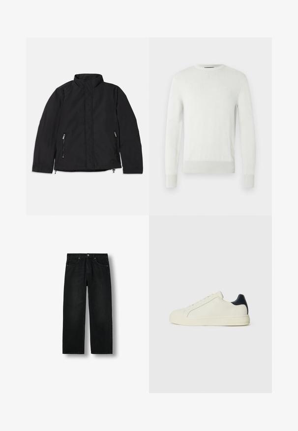 Sort jakke med høj krave, der har to sidelommer med lynlås og en lige pasform. Glat stof med en mat overflade.; Lysegrå crewneck-trøje lavet af blødt strikket materiale. Har ribstrikkede manchetter og kant samt en subtil tekstur og et minimalistisk design.; Sorte denimjeans med lige ben, fem lommer, knaplukning og bæltestropper, vist fladt på en hvid baggrund.; Hvide lædersneakers med en navalæderdetalje ved hælen, rund tå, flad gummisål og snørebånd foran med seks øjetræk.