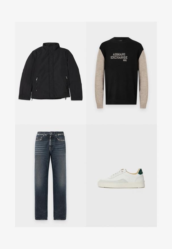 Sort jakke med høj krave, der har to sidelommer med lynlås og en lige pasform. Glat stof med en mat overflade.; Sort og beige sweater med lange ærmer, der har en rund halsudskæring og "ARMANI EXCHANGE N.Y." logo i kontrasterende hvid syning.; Mørkeblå denimjeans med en afslappet pasform, der har subtile falmninger, lige ben og et klassisk fem-lomme design.; Hvide sneakers med ruskindsdetaljer, rund tå, flade snørebånd og en cremet gummisål. Har grøn branding på hælen.
