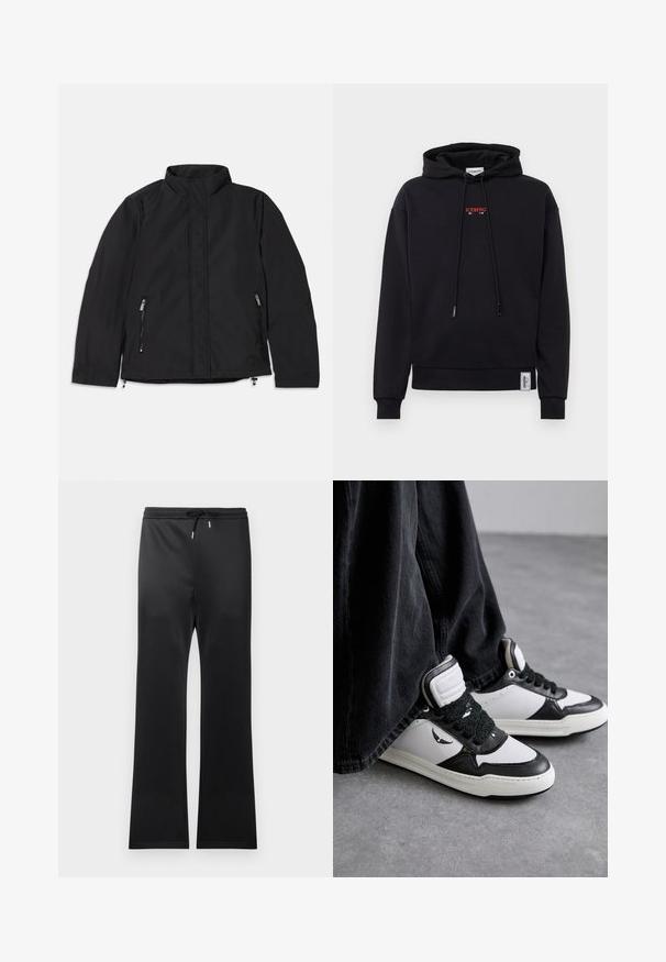 Chaqueta negra con cuello alto, que presenta dos bolsillos laterales con cremallera y un corte recto. Tejido suave con un acabado mate.; Sudadera negra de tela suave con un pequeño logo rojo "ICEBERG 1974" en el pecho y puños y dobladillo de canalé. Diseño liso.; Pantalones atléticos negros con cintura elástica y cordón, fabricados con un tejido suave. Diseño de pierna acampanada y apariencia minimalista sin patrones.; Zapatillas altas en blanco y negro con un detalle de cordón negro texturizado, material de cuero y sintético, con un logo en el lado.