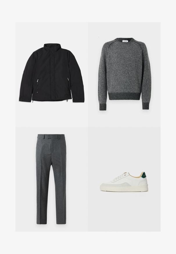 Schwarze Jacke mit hohem Kragen, ausgestattet mit zwei seitlichen Reißverschlusstaschen und einem geraden Schnitt. Glattes Material mit matter Oberfläche.; Grauer gerippter Pullover mit Rundhalsausschnitt, langen Ärmeln und fitted Saum. Verfügt über ein strukturiertes Design und Kontrastnähte.; Graue maßgeschneiderte Hose mit feinem Karomuster, geradem Schnitt und glatter Stoffoberfläche. Mit Gürtelschlaufen und Reißverschluss. ; Weiße Sneaker mit Wildlederelementen, runder Zehenpartie, flachen Schnürsenkeln und einer cremefarbenen Gummisohle. Mit grünen Markenlogo am Fersenbereich.