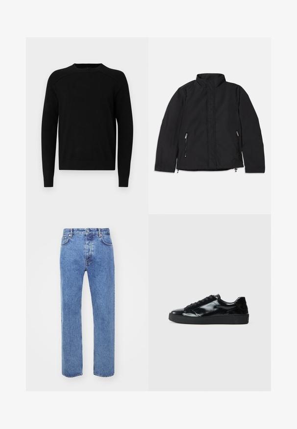 Veste noire à col montant, dotée de deux poches latérales zippées et d'une coupe droite. Tissu lisse avec une finition mate.; Pull noir en maille avec col ras du cou, détails côtelés aux épaules et aux poignets, et coupe régulière. Texture douce, sans motifs ni accents.; Won Hundred STEVE - Jean boyfriend - cut blue; Baskets en cuir verni noir avec un bout arrondi, un laçage, une semelle en caoutchouc texturé et une finition lisse.