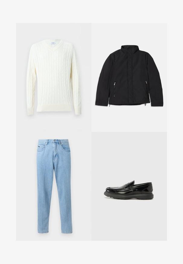 Chaqueta negra con cuello alto, que presenta dos bolsillos laterales con cremallera y un corte recto. Tejido suave con un acabado mate.; Jersey blanco de punto trenzado con cuello en V, mangas largas y puños y dobladillo acanalados.; Vaqueros de mezclilla azul claro de pierna recta con bolsillos delanteros, trabillas para cinturón y cierre de botón sobre un fondo neutro.; Mocasín de cuero negro con un acabado brillante, punta redondeada, detalles de costura sutiles y una suela de goma gruesa para mayor durabilidad.