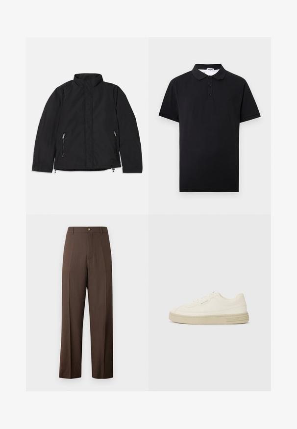 Sort jakke med høj krave, der har to sidelommer med lynlås og en lige pasform. Glat stof med en mat overflade.; Sort kortærmet polo med tre knapper og en krave, med en synlig Moschino-mærkeflade inde i halsudskæringen.; Brune, højtaljede bukser med lige ben, knap- og lynlåslukning, bæltestropper og en glat front på hvid baggrund.; Hvide kanvas sneakers med en tekstureret gummisål, der har en syet tåhætte og logoaccent på hælen. Simpel snørebåndsdesign.