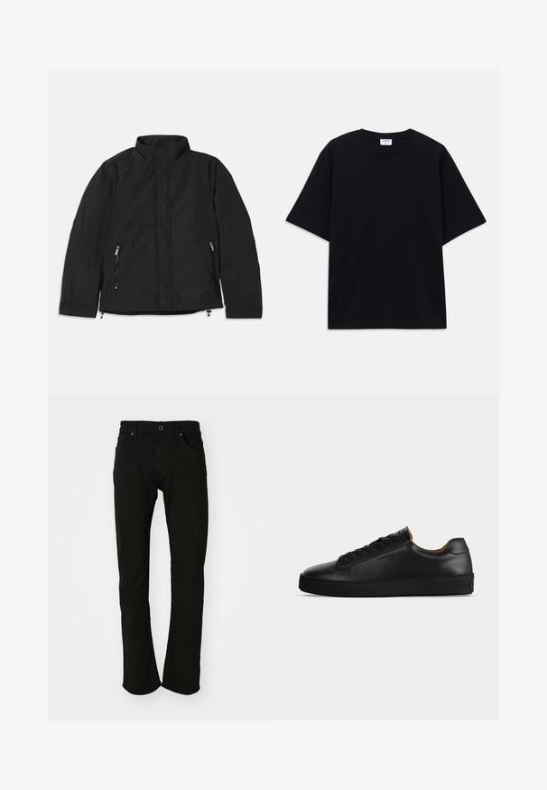 Schwarze Jacke mit hohem Kragen, ausgestattet mit zwei seitlichen Reißverschlusstaschen und einem geraden Schnitt. Glattes Material mit matter Oberfläche.; Schwarzes, oversized T-Shirt mit kurzen Ärmeln und rundem Ausschnitt, mit sichtbarem Filippa K Markenlabel im Kragen.; Schwarze Jeans aus Denim mit geradem Beinanschnitt, ausgestattet mit einem klassischen Bund, Fronttaschen und einer glatten Textur. Keine sichtbaren Muster oder Akzente.; Schwarzer flacher Ledersneaker mit schwarzen Schnürsenkeln, strukturierter Gummisohle und kleinem eingeprägtem Logo an der Seite, im Profil vor grauem Hintergrund gezeigt.