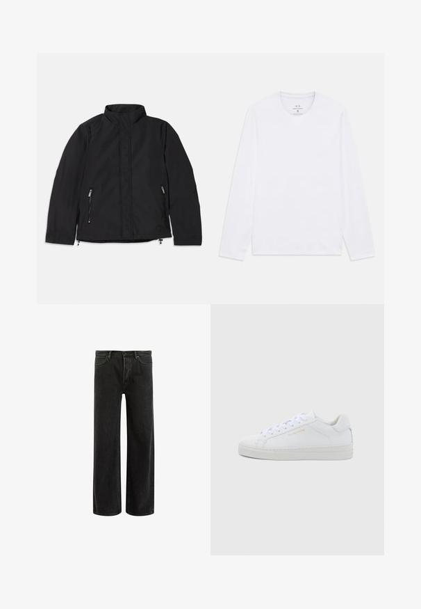 Schwarze Jacke mit hohem Kragen, ausgestattet mit zwei seitlichen Reißverschlusstaschen und einem geraden Schnitt. Glattes Material mit matter Oberfläche.; Weiße Langarmshirts mit Rundhalsausschnitt und Armani Exchange-Logo im Nacken, Größe M.; Schwarze, weit geschnittene Jeans aus Denim mit hoher Taille, im klassischen Fünf-Taschen-Design und subtilem Verblassen für eine strukturierte Optik.; Weiße Leder-Sneaker mit niedrigem Schnitt, runder Zehenpartie, flachen Schnürsenkeln, strukturierter Sohle und dezentem goldfarbenem Markenlogo an der Seite. Glatte Oberfläche und minimalistisches Design.