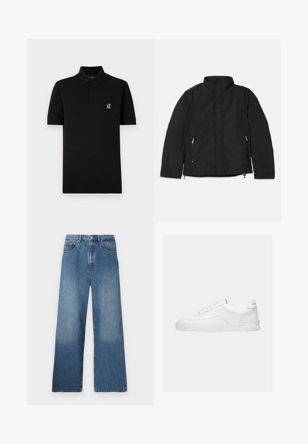 Veste noire à col montant, dotée de deux poches latérales zippées et d'une coupe droite. Tissu lisse avec une finition mate.; Polo noir fabriqué en tissu doux, avec un col boutonné, des manches courtes et un petit logo blanc sur la poitrine gauche.; Jean en denim bleu à jambes évasées avec un design classique à cinq poches, fermeture à bouton à l'avant et légères décolorations pour ajouter de la texture.; Baskets basses blanches avec un design à lacets, dessus en cuir lisse et semelle épaisse, montrées de profil sur un fond uni.