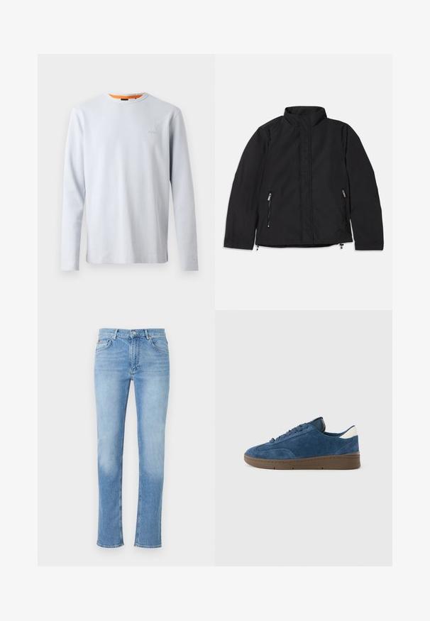 Veste noire à col montant, dotée de deux poches latérales zippées et d'une coupe droite. Tissu lisse avec une finition mate.; Chemise à manches longues de couleur bleu clair en tissu texturé, avec un col rond et une touche orange au col, présentant un logo discret sur la poitrine.; Jean en denim bleu clair avec un design classique à cinq poches, fermeture à boutons et coupe droite, sur un fond uni.; Baskets en daim bleu avec une semelle en caoutchouc marron, un bout arrondi et des lacets ton sur ton. Présentent un accent beige au talon et des détails de couture lisses.