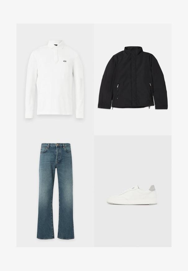 Veste noire à col montant, dotée de deux poches latérales zippées et d'une coupe droite. Tissu lisse avec une finition mate.; Polo shirt blanc à manches longues en coton, avec un col à boutons et un petit logo noir sur la poitrine gauche. Design simple sans motifs.; Jean en denim bleu avec un léger évasement en bas, design classique à cinq poches, fermeture par bouton et fermeture éclair, et légère décoloration sur les cuisses.; Baskets basses blanches avec un onglet de talon gris, des lacets blancs et une semelle texturée, présentées sur un fond uni clair.