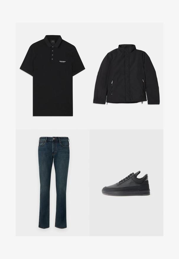 Veste noire à col montant, dotée de deux poches latérales zippées et d'une coupe droite. Tissu lisse avec une finition mate.; Polo noir en coton, avec un col standard, une patte de boutonnage à trois boutons et un petit logo blanc "Armani Exchange" sur le côté gauche.; Jean en denim droit bleu foncé avec fermeture à bouton et à glissière, poches avant et arrière, et un léger délavage sur les cuisses.; Baskets en cuir noir avec une surface texturée, design à lacets, tige basse, et une semelle en caoutchouc grise avec un bord strié.