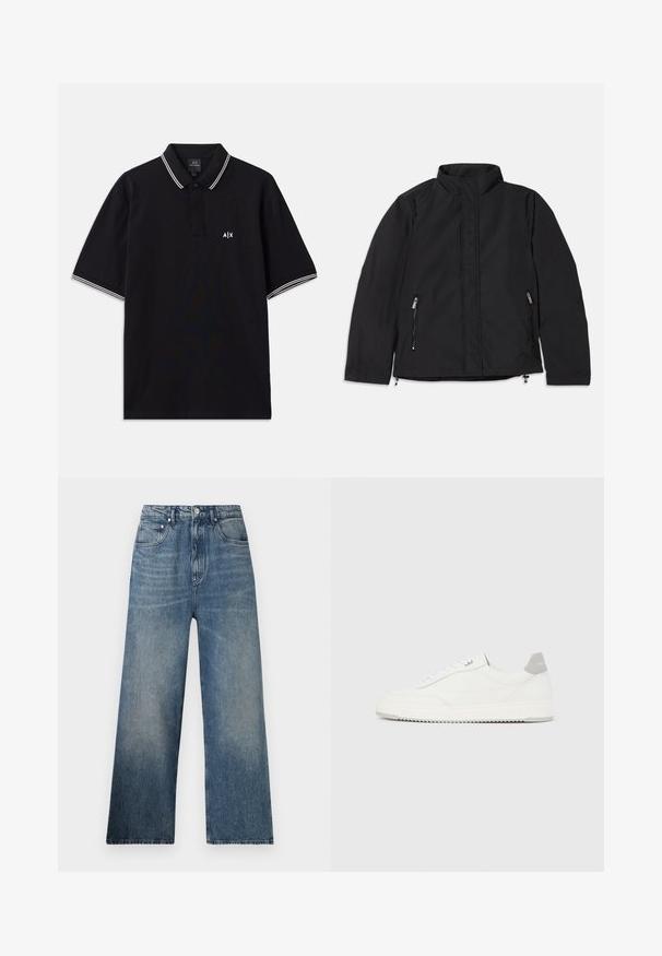 Veste noire à col montant, dotée de deux poches latérales zippées et d'une coupe droite. Tissu lisse avec une finition mate.; Polo noir en coton, doté d'un col à deux boutons, avec des accents rayés blancs sur les manches et un logo sur la poitrine.; Jean large en denim bleu à taille haute, avec une légère décoloration, cinq poches et une fermeture à bouton en métal à l'avant.; Baskets basses blanches avec un onglet de talon gris, des lacets blancs et une semelle texturée, présentées sur un fond uni clair.