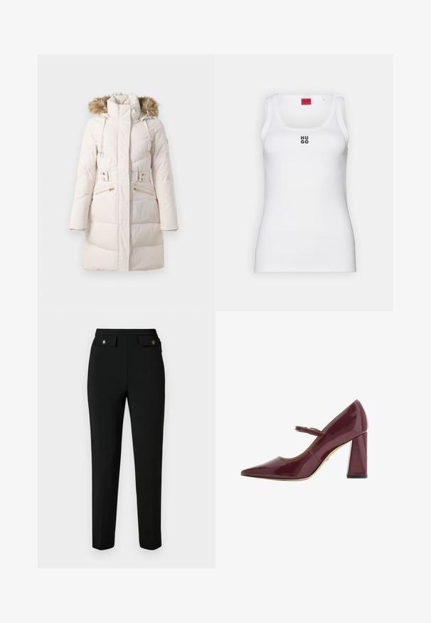 Voluminöser Creme-Parka mit einer mit Fleece gefütterten Kapuze, seitlichen Reißverschlusstaschen und verstellbarem Bund. Verfügt über ein gestepptes Muster und goldene Hardware-Details.; Weißes Tanktop aus Baumwolle, mit einem schlichten Design, runder Ausschnitt und schwarzem "HUGO"-Logo in der Mitte. Glatte Textur.; Schwarze maßgeschneiderte Hose aus glattem Stoff, mit geradem Schnitt, zwei vorderen Taschen mit Klappen und Akzenten aus Goldton.; Bordeauxroter Lackleder-Pumps mit spitz zulaufender Schuhspitze, breitem Blockabsatz und einem einzelnen Knöchelriemen. Glatte Textur mit glänzendem Finish.