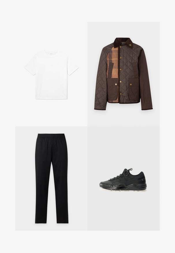 Braune gesteppte Jacke mit Cordkragen, Druckknöpfen, zwei Klappentaschen und einem beige-braunen karierten Einsatz an der linken Vorderseite.; Weißes Baumwoll-T-Shirt mit kurzen Ärmeln, rundem Halsausschnitt und geradem Saum. Glatte Textur ohne sichtbare Muster oder Akzente.; Schwarze, gerade Hose mit elastischem Bund, ohne sichtbare Taschen oder Muster, flach auf hellem Hintergrund dargestellt.; Schwarzer Sportschuh aus Mesh und Leder mit strukturierten Akzenten. Verfügt über schwarze Schnürsenkel und eine kontrastierende weiße Sohle. Markenname auf der Seite angezeigt.