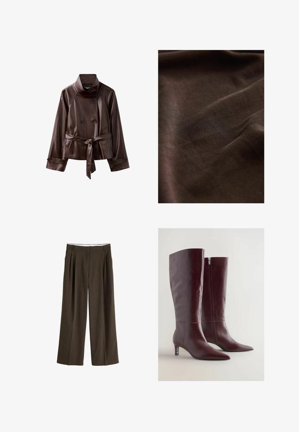 Dunkelbraune Lederjacke mit hohem Kragen, doppelreihigen Knöpfen, gebundenem Taillengürtel und geknöpften Manschetten.; Dunkelbrauner Stoff mit einer feinen, strukturierten Webart, die subtile Falten und Schatten zeigt, was auf ein weiches und flexibles Material hinweist.; Dunkelbraune, weit geschnittene Hose mit Gürtelschlaufen, vorderen Falten und verdecktem vorderem Verschluss, auf weißem Hintergrund dargestellt.; Bordeauxfarbene Leder-Stiefel bis zum Knie mit einer verjüngten Spitze, dekorativer Naht und einem seitlichen Reißverschluss. Merkmale einen niedrigen, schlanken Absatz.