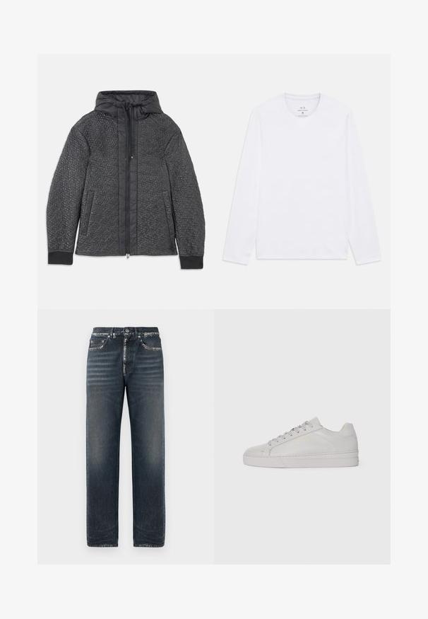 Gestepptes schwarzes Puffer-Jackett mit Kapuze, verfügt über einen Reißverschluss, Seitentaschen und ein strukturiertes Muster auf dem Stoff. Weiches, leichtes Material.; Weiße Langarmshirts mit Rundhalsausschnitt und Armani Exchange-Logo im Nacken, Größe M.; Dunkelblaue Denim-Jeans mit entspannter Passform, dezent ausgewaschen, mit geradem Bein und klassischem Fünf-Taschen-Design.; Hellgraue Leder-Sneaker mit glatter Textur, abgerundetem Zehenbereich, flacher Gummisohle und einfarbigen Schnürsenkeln. Verfügt über minimales Branding in Gold.