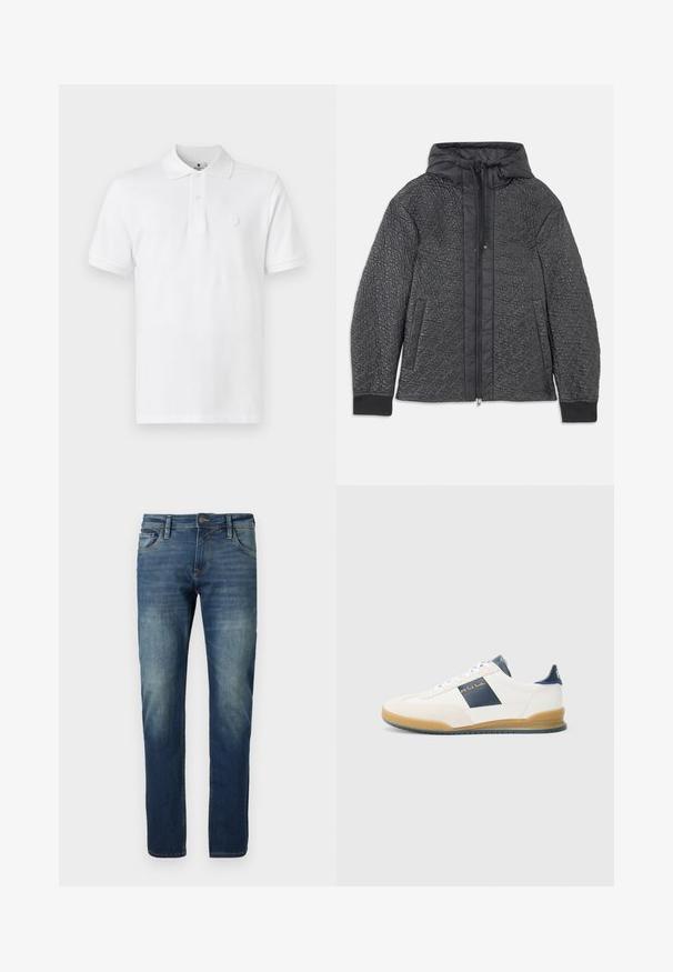 Chaqueta acolchada negra con capucha, con cierre de cremallera, bolsillos laterales y un patrón texturizado en la tela. Material suave y ligero.; Camiseta polo blanca de algodón, con un cuello clásico, mangas cortas y un sutil logo bordado en el pecho.; Jeans de mezclilla azul con un corte recto, frente deslavado, costuras en contraste, cinco bolsillos y cierre de botón.; Zapatillas blancas con acento en navy, material de ante y cuero, puntera redondeada y suela de goma. Presenta el logo en el lateral y la parte trasera.