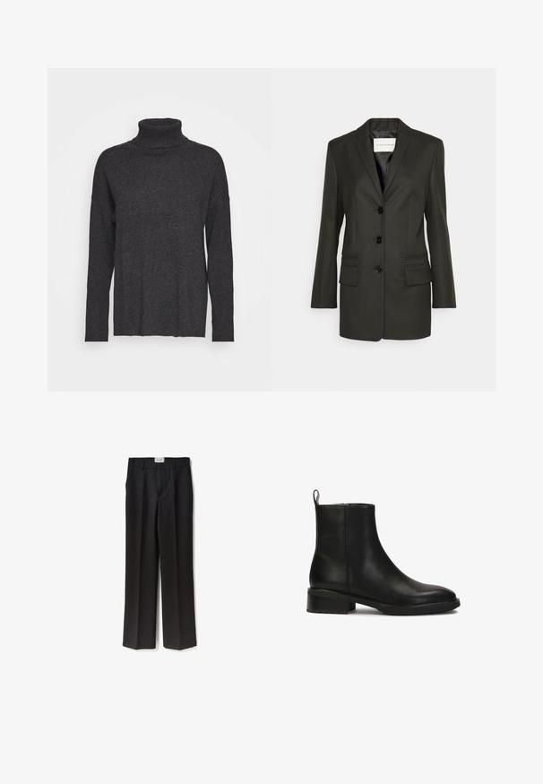 Blazer negro ajustado con una sola fila de botones, suaves solapas, dos bolsillos frontales y detalles de costura sutiles en los bolsillos. Textura suave.; Suéter de cuello alto en gris oscuro, hecho de un material de punto suave. Presenta mangas largas, un ajuste relajado y un cuello alto. Diseño simple, sin patrones.; Pantalones anchos negros con tejido texturizado, de talle alto y pliegues frontales, diseñados para una silueta recta.; Botín negro de piel con punta redondeada, caña corta, diseño minimalista y tacón bajo apilado para mayor estabilidad. Cuenta con una lengüeta.