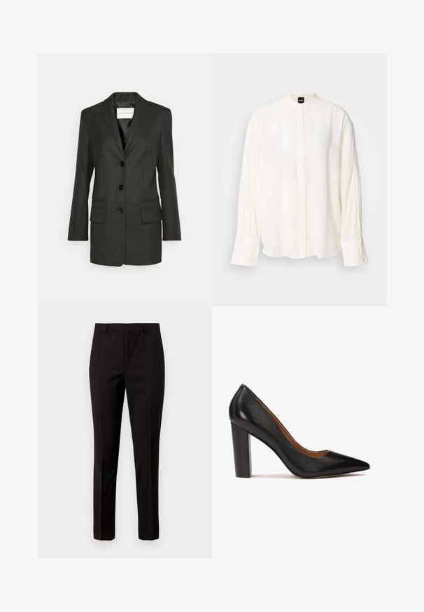 Zwarte op maat gemaakte blazer met een enkele rij knopen, scherpe revers, twee voorzakken en subtiele stiksels op de zakken. Glad textuur.; Lange mouwen, crèmekleurige blouse gemaakt van gladde stof; mandarina-kraag, voorste beleg, geruite manchetten en een losse pasvorm.; Zwarte op maat gemaakte broek met een recht pijpontwerp, gemaakt van gladde stof, met een rechte uitvoering aan de voorkant en riemlussen. Geen zichtbare patronen of accenten.; Zwarte leren hoge hakpomp met een spitse neus, textuurafwerking en een chunky blokhak. Eenvoudig ontwerp met een gladde binnenvoering.