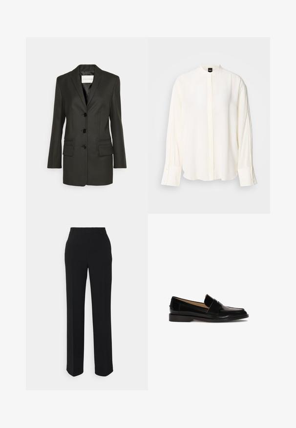 Blazer noir ajusté avec une rangée unique de boutons, des revers nets, deux poches frontales et des détails de couture subtils sur les poches. Texture lisse.; Blouse à manches longues crème en tissu lisse ; col mao, patte de boutonnage à l'avant, poignets boutonnés et coupe décontractée.; Pantalons noirs à jambes droites avec une texture lisse. Dotés d'une taille et sans motifs ou accents visibles. Design classique et ajusté.; Mocassins en cuir noir avec une finition lisse, à bout rond, et une sangle décorative sur le devant. Design à faible talon carré.