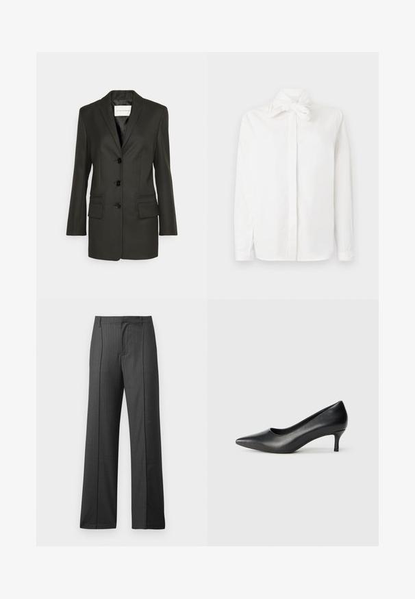 Blazer negro ajustado con una sola fila de botones, suaves solapas, dos bolsillos frontales y detalles de costura sutiles en los bolsillos. Textura suave.; Camisa blanca de manga larga de algodón, con un detalle de nudo en el cuello, cierre de botones en la parte delantera y aberturas laterales. Textura suave.; Pantalones grises a medida con un patrón de rayas, diseño de pierna ancha y frente plano. Hechos de tela tejida con una textura suave.; Zapato de tacón puntiagudo de cuero negro con un tacón bajo en forma de cono, textura suave y un corte bajo en la parte superior para mayor visibilidad del pie.