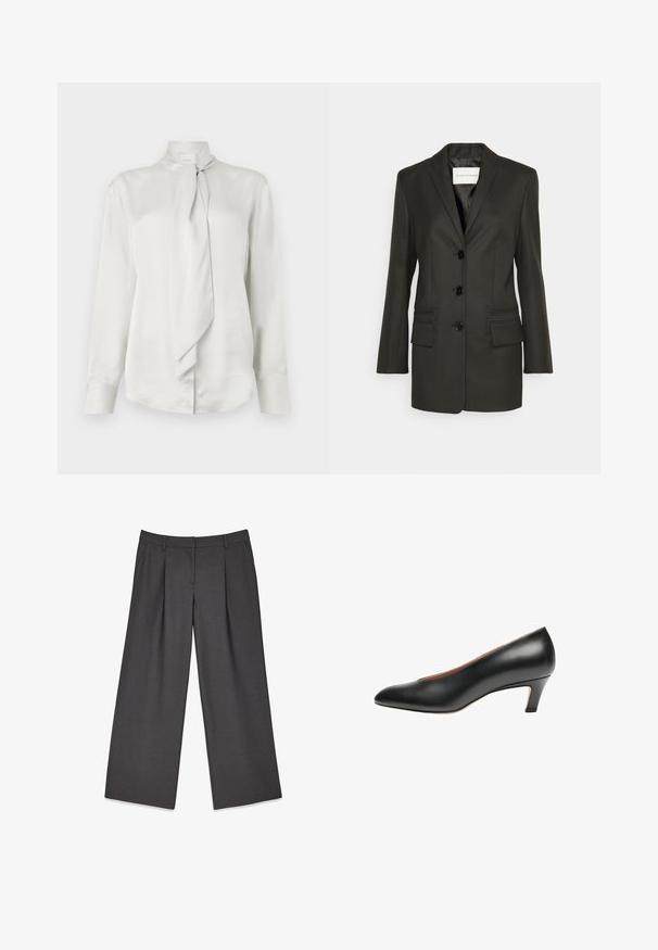 Blazer negro ajustado con una sola fila de botones, suaves solapas, dos bolsillos frontales y detalles de costura sutiles en los bolsillos. Textura suave.; Blusa blanca de manga larga con cuello alto y detalle de bufanda atada en la parte delantera, hecha de una suave tela similar al satén.; Pantalones de talle ancho en color gris, fabricados en un tejido suave, con pliegues delanteros, cremallera en la bragueta y lazos para cinturón para un ajuste ajustable.; Zapato de tacón negro de cuero con punta afilada y tacón de altura media. Textura suave con un diseño minimalista y sin adornos visibles.