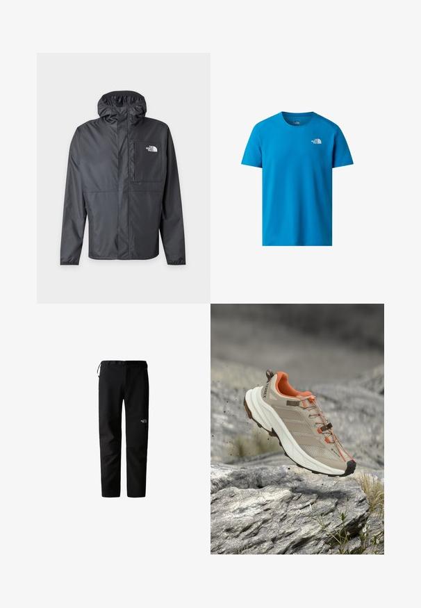 Sort vandtæt hættejakke med fuld lynlås foran og The North Face-logo på venstre brystlomme.; Blå kortærmet t-shirt lavet af glat stof, med et lille hvidt logo på venstre bryst. Klassisk crew neck design.; Sorte udendørsbukser med et strømlinet design, lavet af et slidstærkt, letvægtsstof. Har bælte, sidelommer og et logo på låret.; Beige og orange vandresko med tyk sål, GORE-TEX-mærke og "TERREX"-branding, vist over klippefyldt terræn.