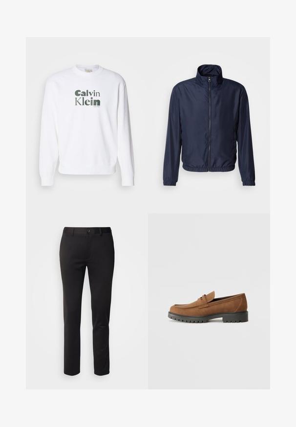 Marineblå letvægtsjakke med ståkrave, lynlås foran, elastiske manchetter og kant; glat tekstur, minimalistisk design.; Hvid sweatshirt med ribbede manchetter og kant, der har et stort grønt "Calvin Klein" logo i en moderne skrifttype trykt på fronten.; Sorte bukser i glat stof, med lige ben, frontlukning med knap og bæltestropper, vist på en hvid baggrund.; Brune Suede loafers med en rund tå og en lav sort gummisål, der har et dekorativt bånd og syninger på overdelen.
