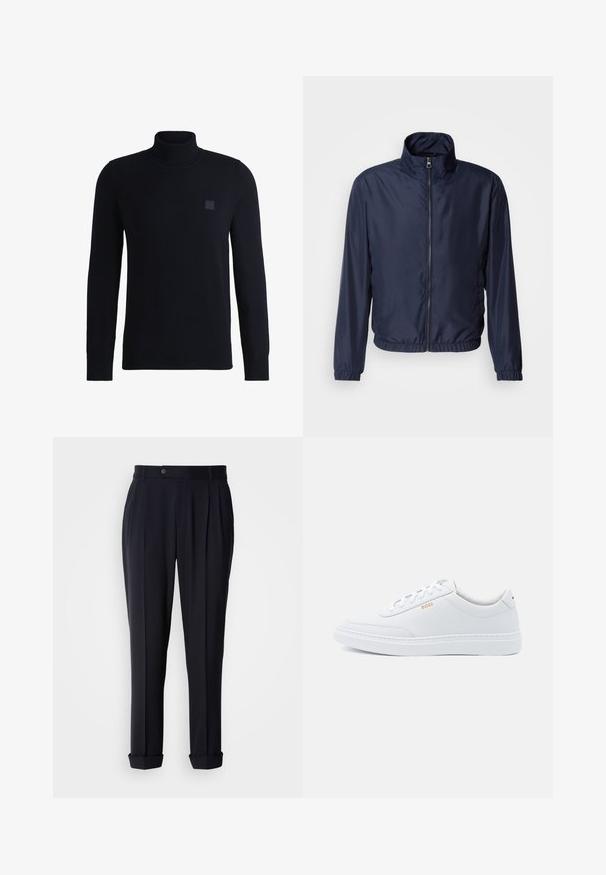 Marineblå letvægtsjakke med ståkrave, lynlås foran, elastiske manchetter og kant; glat tekstur, minimalistisk design.; Marineblå højhalset sweater lavet af blødt strikmateriale, med lange ærmer og ribbestrikket krave. Inkluderer et firkantet logo-patch på brystet.; Mørkeblå skræddersyede bukser med frontfold, knaplukning og opkrøllede cuffs. Fremstillet af et glat stof med en struktureret pasform.; Hvide lædersneakers med glat tekstur, rund tå og ton-i-ton syning. Har blå snørebånd og et gult logo på siden.