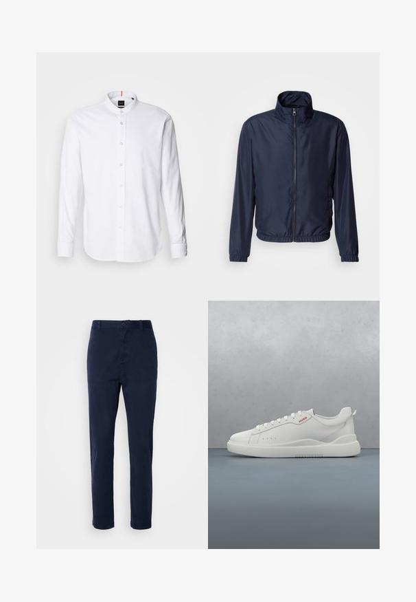 Marineblå letvægtsjakke med ståkrave, lynlås foran, elastiske manchetter og kant; glat tekstur, minimalistisk design.; Hvid langærmet skjorte med bandkrave, knaplukning fortil og rund kant. Lavet af bomuld, med en glat struktur og subtil glans.; Mørkeblå chinos lavet af letvægtsstof, med lige ben-design, knaplukning og sidelommer. Glat tekstur uden mønstre.; Hvide sneakers med en glat læderfinish, rund tå, fire snørehuller, subtile perforeringer og en rød logo detalje på siden.
