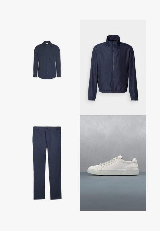 Marineblå letvægtsjakke med ståkrave, lynlås foran, elastiske manchetter og kant; glat tekstur, minimalistisk design.; Marineblå langærmet skjorte med knapper, krave og manchetter, med et Calvin Klein-mærke inde i kraven.; Marineblå bukser med lige ben, knap- og lynlåslukning, bæltestropper og sidelommer.; Hvid lædersneaker med rund tå, minimalistisk design, grå snørebånd og en tekstureret grå gummisål. Subtile syningsdetaljer er synlige.