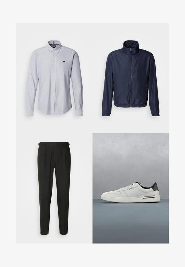 Navyblauwe lichte jas met een staande kraag, vooraan een rits, elastische manchetten en zoom; zachte textuur, minimalistisch design.; Lichtblauw overhemd met lange mouwen, gemaakt van een gestructureerde stof. Voorzien van een klein logo op de linkerborst en standaard manchetten.; Zwarte op maat gemaakte broeken met een vlakke voorkant, twee plooien, riemlusjes en een rechte pijpdesign. Gemaakt van een gladde, lichtgewicht stof.; Witte lage sneaker met zwarte hiel, vetersluiting, subtiele perforaties en het "BOSS" logo aan de zijkant, getoond vanuit het zijprofiel.