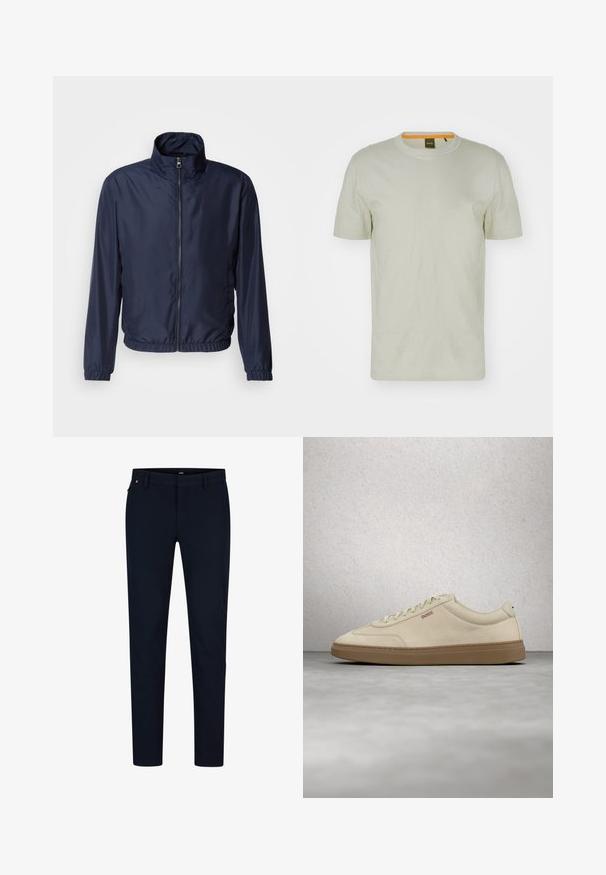 Chaqueta ligera azul marino con cuello alzado, cierre frontal de cremallera, puños elásticos y dobladillo; textura suave, diseño minimalista.; Camiseta de manga corta verde claro hecha de un tejido suave, con cuello redondo y un logo sutil en el frente. Diseño simple con un mínimo de detalles.; Pantalones navy confeccionados en tejido suave, con un corte ajustado, trabillas para cinturón y una cremallera oculta. Sin patrones ni acentos notables.; Zapatilla de ante beige claro con suela de goma color caramelo, cordones prominentes y detalles de costura sutiles. Diseño limpio con una estética minimalista.