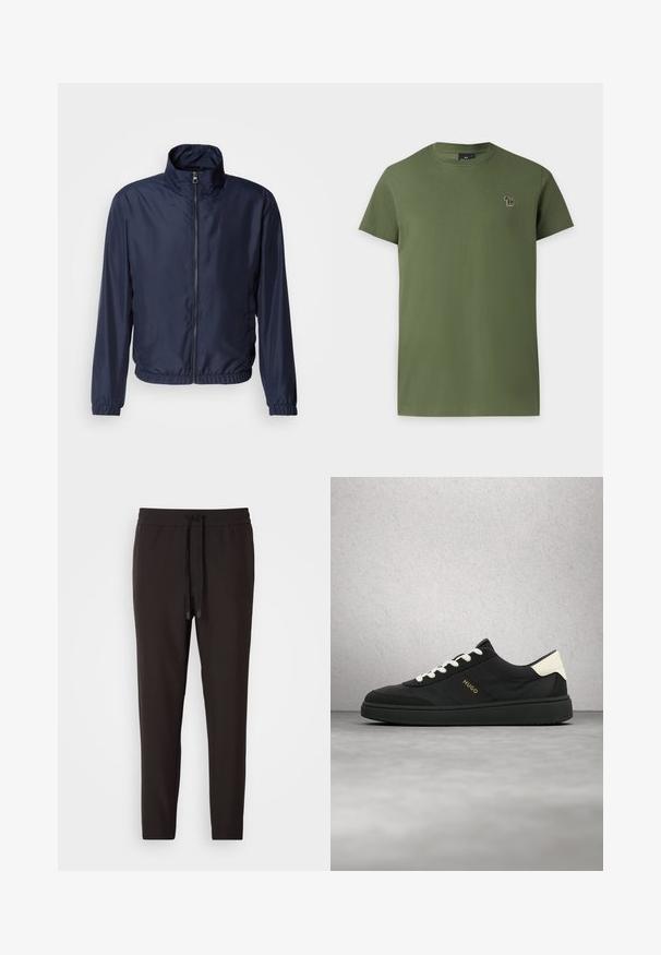 Marineblå letvægtsjakke med ståkrave, lynlås foran, elastiske manchetter og kant; glat tekstur, minimalistisk design.; Enkelt olivengrønt kortærmet bomuldst-shirt med en lille broderet flerfarvet zebra-logo på venstre bryst.; Sorte joggingbukser lavet af blødt stof, med en elastisk bæltelås og snor, tætsiddende ben og uden synlige mønstre eller udsmykninger.; Sort sneaker med hvide snørebånd og hælkappe, "HUGO"-logo på siden, vist i luften mod en grå gulv- og glasblokvæg som baggrund.