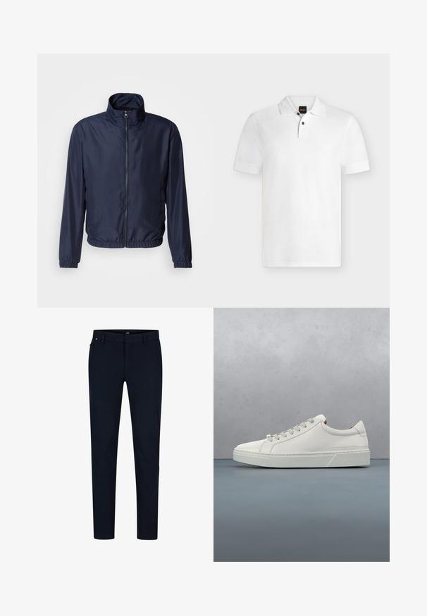 Navyblauwe lichte jas met een staande kraag, vooraan een rits, elastische manchetten en zoom; zachte textuur, minimalistisch design.; Witte polo met korte mouwen, twee knopen en subtiel merklogo op de borst, weergegeven tegen een effen achtergrond.; Marineblauwe broek van gladde stof, met een slim fit, riemlussen en een verborgen ritssluiting. Er zijn geen opvallende patronen of accenten aanwezig.; Witte leren sneaker met een ronde neus, minimalistisch ontwerp, grijze veters en een gestructureerde grijze rubberen zool. Fijne stikdetails zichtbaar.