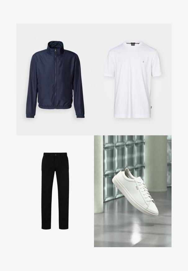 Marineblaue leichte Jacke mit Stehkragen, Reißverschluss vorne, elastischen Bündchen und Saum; glatte Textur, minimalistisches Design.; Weißes Baumwoll-T-Shirt mit Rundhalsausschnitt, kurzen Ärmeln und kleinem gesticktem Logo auf der Brust. Glatte Textur, lässiges Design.; Schwarze Baumwollhosen mit geradem Schnitt, featuring einen Knopfverschluss, Gürtelschlaufen und minimalistischem Design. Glatte Textur, ohne Muster.; Weißer Leder-Low-Top-Sneaker mit Schnürsenkeln, schwarzer Fersenschlaufe und „BOSS“-Logo, der drinnen nahe einer Glassteinwand und einem polierten Boden schwebt.
