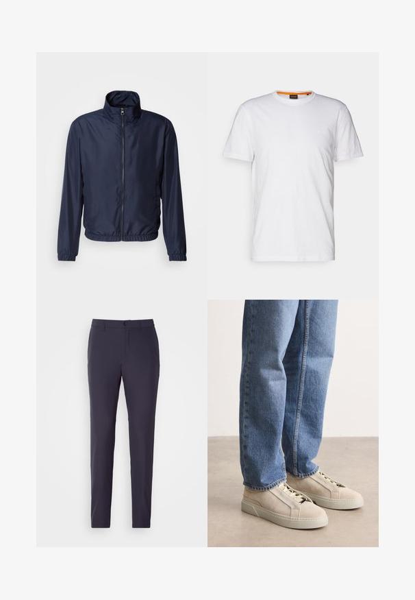 Marineblaue leichte Jacke mit Stehkragen, Reißverschluss vorne, elastischen Bündchen und Saum; glatte Textur, minimalistisches Design.; Weißes Baumwoll-T-Shirt mit Rundhalsausschnitt, kurzen Ärmeln und einem dezenten geprägten Logo auf der Brust. Das Innenschild hat einen orangefarbenen Akzent.; Marineblaue Hose mit geradem Schnitt, aus einem glatten Stoff gefertigt. Verfügt über einen Knopfverschluss, seitliche Taschen und ein flaches Frontdesign.; BOSS GARYTENN_SDHDEL - Sneaker low - natural ten
