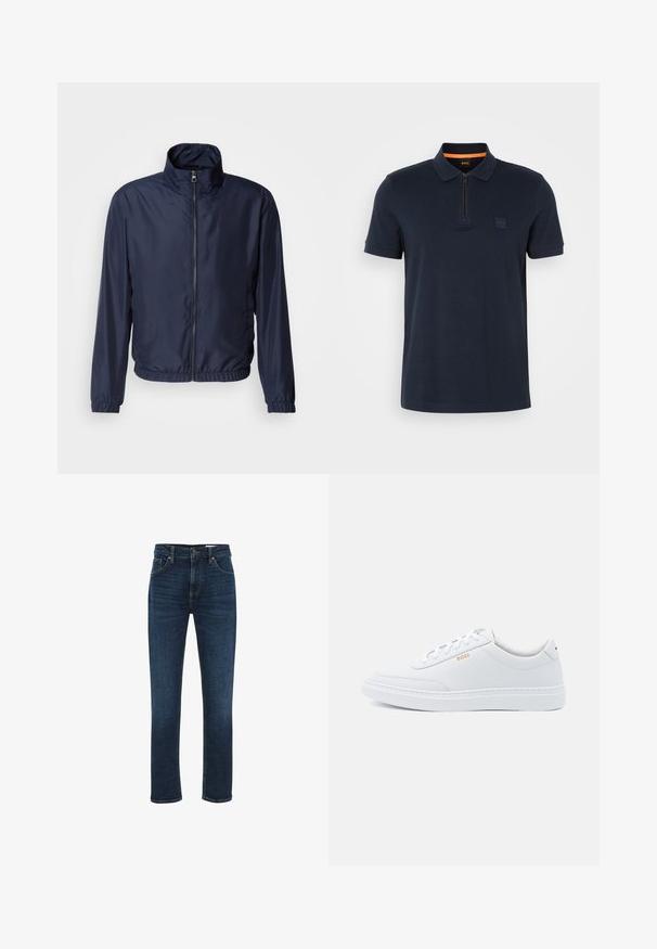 Chaqueta ligera azul marino con cuello alzado, cierre frontal de cremallera, puños elásticos y dobladillo; textura suave, diseño minimalista.; Polo de color marino con cuello con cremallera, que presenta un pequeño parche de logo en el pecho y mangas cortas. Material de mezcla de algodón con una textura suave.; WE Fashion BLUE RIDGE - Vaqueros rectos - dark blue; Zapatillas de cuero blanco con textura suave, puntera redondeada y costuras tonales. Cuentan con cordones azules y un logo dorado en el lateral.