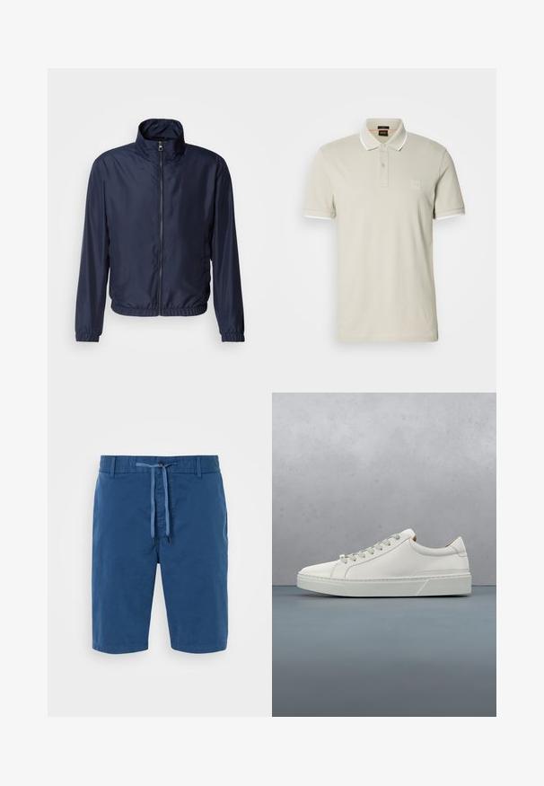 Marineblå letvægtsjakke med ståkrave, lynlås foran, elastiske manchetter og kant; glat tekstur, minimalistisk design.; Lysebeige poloshirt lavet af bomuld. Har en klassisk krave, to-knaps lukning og kontrasterende hvide manchetter. Indeholder et logoemblem.; Blå bomuldsshorts med elastisk talje, snorelukning, sidelommer og en glat tekstur. Ingen mønstre eller detaljer synlige.; Hvid lædersneaker med rund tå, minimalistisk design, grå snørebånd og en tekstureret grå gummisål. Subtile syningsdetaljer er synlige.