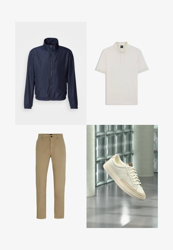 Navyblauwe lichte jas met een staande kraag, vooraan een rits, elastische manchetten en zoom; zachte textuur, minimalistisch design.; BOSS H-PROUT - Poloshirt - off white; Beige katoenen chinos met een slim fit, platte voorkant en een knoopsluiting. Voorzien van ceintuurlussen en zijzakken voor functionaliteit.; Witte lage sneaker met beige accenten en veters, met het merk "BOSS", zwevend boven een gepolijste vloer met een glasblokken muur op de achtergrond.