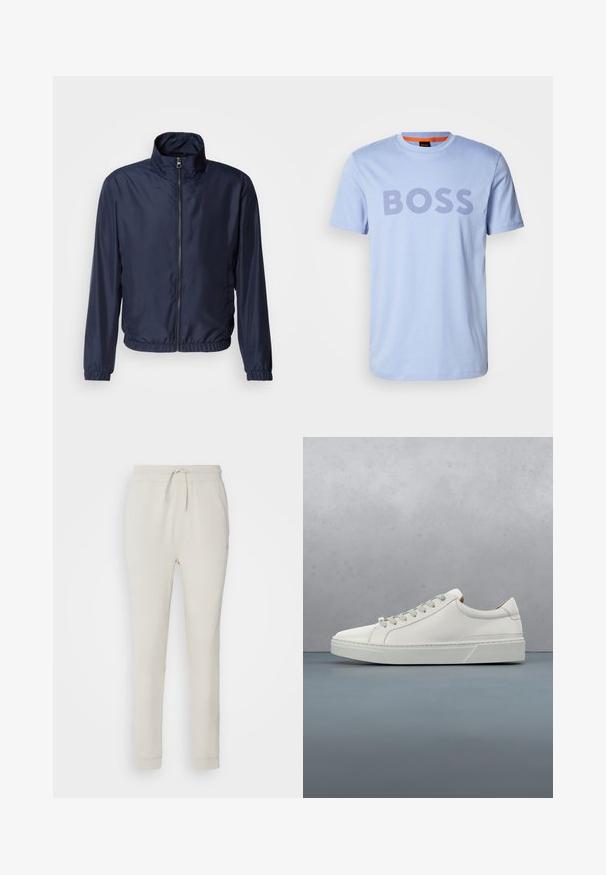 Marineblå letvægtsjakke med ståkrave, lynlås foran, elastiske manchetter og kant; glat tekstur, minimalistisk design.; Lys blå bomulds T-shirt med rund hals og korte ærmer, der pryder ordet "BOSS" i fed mørk lilla skrift.; Lys beige sweatpants lavet af blødt, tekstureret stof. Har en snørre i taljen, ribbede manchetter og sidelommer. Skræddersyet pasform.; Hvid lædersneaker med rund tå, minimalistisk design, grå snørebånd og en tekstureret grå gummisål. Subtile syningsdetaljer er synlige.