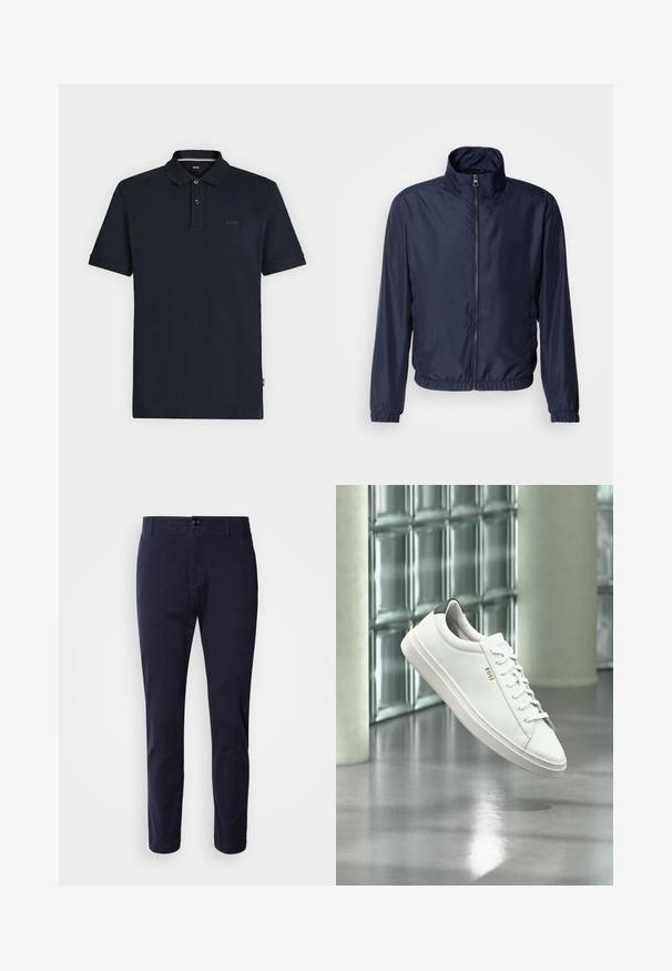 Marineblaue leichte Jacke mit Stehkragen, Reißverschluss vorne, elastischen Bündchen und Saum; glatte Textur, minimalistisches Design.; Schwarzes Poloshirt mit kurzen Ärmeln, zwei vorderen Knöpfen und kleinem "BOSS"-Logo auf der Brust, dargestellt vor einem hellen einfarbigen Hintergrund.; BOSS SANDERSON - Stoffhose - dark blue; Weißer Leder-Low-Top-Sneaker mit Schnürsenkeln, schwarzer Fersenschlaufe und „BOSS“-Logo, der drinnen nahe einer Glassteinwand und einem polierten Boden schwebt.