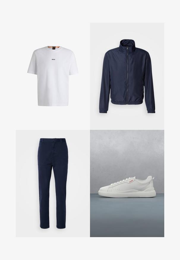 Marineblaue leichte Jacke mit Stehkragen, Reißverschluss vorne, elastischen Bündchen und Saum; glatte Textur, minimalistisches Design.; Weißes Baumwoll-T-Shirt mit kurzen Ärmeln, ausgestattet mit einem schwarzen "BOSS"-Logo, das mittig auf der Brust platziert ist, und einem runden Halsausschnitt.; Navyblaue Chinos aus leichtem Stoff, mit geradem Bein, Knopfverschluss und Seitentaschen. Glatte Textur ohne Muster.; Weiße Sneaker aus glattem Leder, runde Spitze, vier Ösen, dezente Perforationen und ein rotes Logodetail an der Seite.