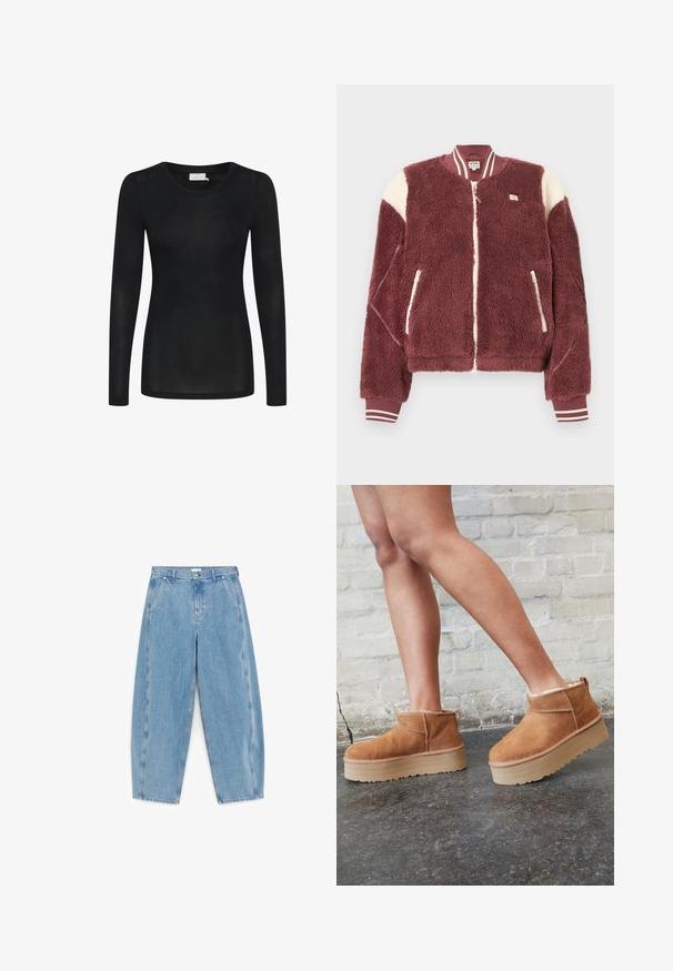 Veste bomber en polaire bordeaux avec accents blancs aux épaules, fermeture éclair devant, poches zippées, et poignets et col côtelés rayés.; T-shirt noir à manches longues en matériau léger et transparent. Doté d'un décolleté rond et d'une silhouette cintrée avec un ourlet droit.; Jean en denim bleu clair à taille haute avec une coupe décontractée, poches avant, passants pour ceinture, et une fermeture à boutons et zip.; Bottines en suède marron avec une doublure en peluche, semelle épaisse en beige et une poignée à l'arrière. Surface texturée avec des détails de couture visibles.