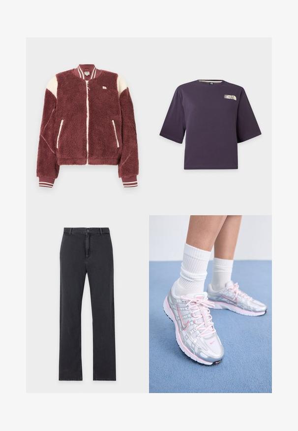 Vinrød fleece bomberjakke med hvide skulderdetaljer, foran lynlås, lommer med lynlås og stribede ribkanter på ærmer og krave.; Lilla kortærmet croppet t-shirt med en lille beige The North Face-logo på øverste venstre bryst.; Straight-leg sorte jeans med forreste knap- og lynlåslukning, bæltestropper og klassisk fem-lommer design, lagt fladt på hvid baggrund.; Nike løbesko med sølvnetoverdel og pink detaljer, hvide snørebånd og en struktureret sål. Båret sammen med hvide bomulds sportsstrømper.
