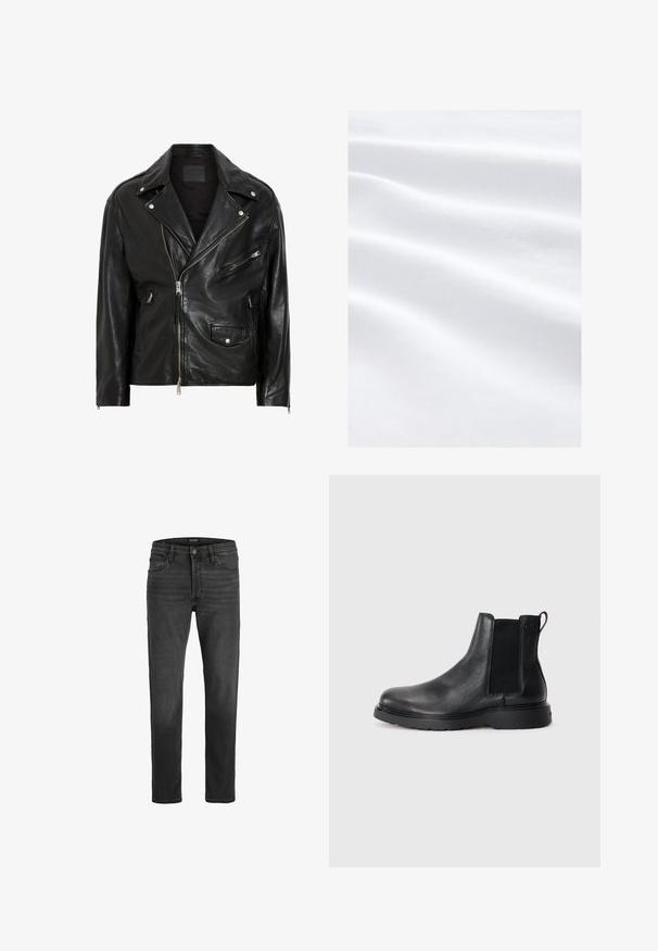 Schwarze Leder-Motorradjacke mit silbernen Reißverschlüssen, Druckknöpfen und mehreren Taschen. Verfügt über einen breiten Kragen und eine taillierte Passform.; Weicher, glatter weißer Stoff mit dezenten horizontalen Falten und einem feinen, strukturierten Webmuster, gleichmäßig beleuchtet ohne Schatten.; Schwarze Denim-Jeans mit geradem Schnitt, fünf Taschen-Design und Reißverschluss. Verfügt über subtile Ausbleichungen und kontrastierende Nähte.; Schwarze Leder-Chelsea-Boots mit strukturiertem Finish, elastischen seitlichen Einsätzen und einer robusten Gummisohle. Dezentes Branding an der Ferse.