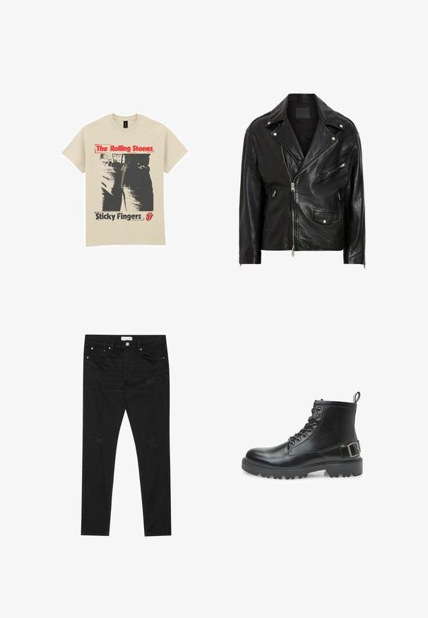 Sort lædermotorcykeljakke med sølvfarvede lynlåse, trykknapper og flere lommer. Har en bred krave og en tætsiddende pasform.; Beige bomulds t-shirt med et grafisk design af jeans og en lynlås. Teksten lyder "The Rolling Stones" i rød og "Sticky Fingers" i sort.; Sorte slim-fit jeans med subtile slidte pletter, metalknap, forlommer og et Pier One-mærke i taljen.; Sort læder kampsko med snørebånd, metaløjer, robust sål, trækstrop ved hælen og en dekorativ spænde rem på siden.