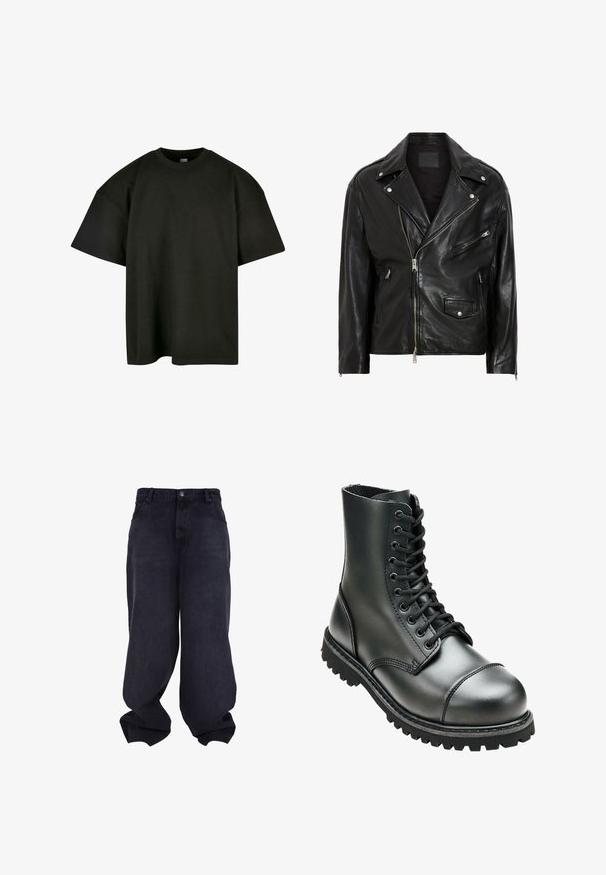 Chaqueta de motociclista de cuero negro con cremalleras plateadas, botones a presión y múltiples bolsillos. Presenta un cuello ancho y un corte ajustado.; Camiseta negra de corte oversized en suave algodón. Presenta un cuello redondo y mangas cortas, con una textura suave y un diseño minimalista.; Vaqueros negros oversize y holgados con cierre delantero de botón y cremallera, bolsillos frontales y perneras anchas y sueltas.; Bota de combate de cuero negro con tobillo alto, punta redonda, cordones en la parte delantera y suela de goma resistente con un dibujo profundo para mayor tracción.