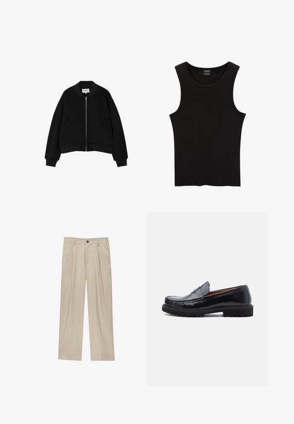 Veste bomber noire avec fermeture éclair à l’avant, col, poignets et ourlet côtelés, ainsi que deux poches latérales, posée à plat sur fond blanc.; Débardeur noir à côtes avec un col rond et de larges emmanchures, fabriqué à partir d'un tissu doux et extensible. Étiquette : Pull&Bear.; Pantalon beige à coupe droite, doté d'un seul bouton noir, de passants de ceinture et de poches latérales. Texture de tissu lisse et design minimaliste.; Mocassin penny en cuir noir avec semelle en caoutchouc épaisse et couture moc toe, montré de profil sur un fond blanc.
