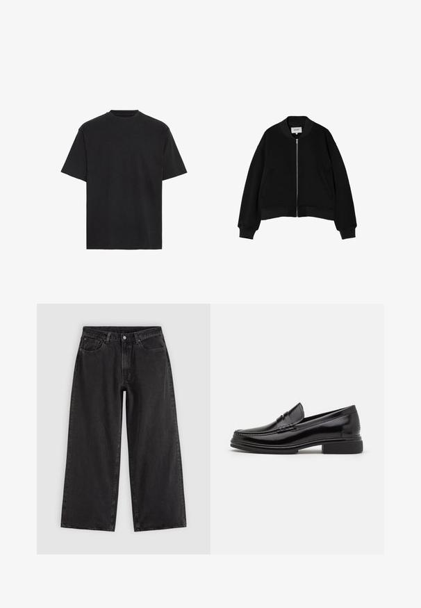 Chaqueta bomber negra con cremallera frontal, cuello, puños y dobladillo de canalé, y dos bolsillos laterales, extendida sobre fondo blanco.; Camiseta de algodón negra, de manga corta, cuello redondo, ligera, de corte holgado, con textura suave, sin patrones ni acentos visibles.; Vaqueros negros de pierna ancha con bolsillos delanteros, trabillas para cinturón y cierre de botones, mostrados sobre un fondo liso y claro.; Mocasines de cuero negro con punta redondeada, que presentan un detalle cosido a través del empeine y un tacón bajo y cuadrado. Textura suave y acabado brillante.